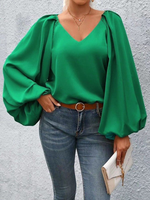 Pleated Lantern Sleeve Blouse